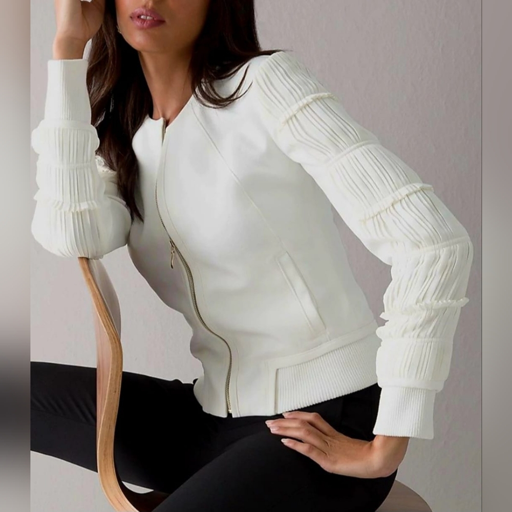 White House Black Market Ivory/Ecru Bomber Jacket Frill Sleeves Full Zip Front 6